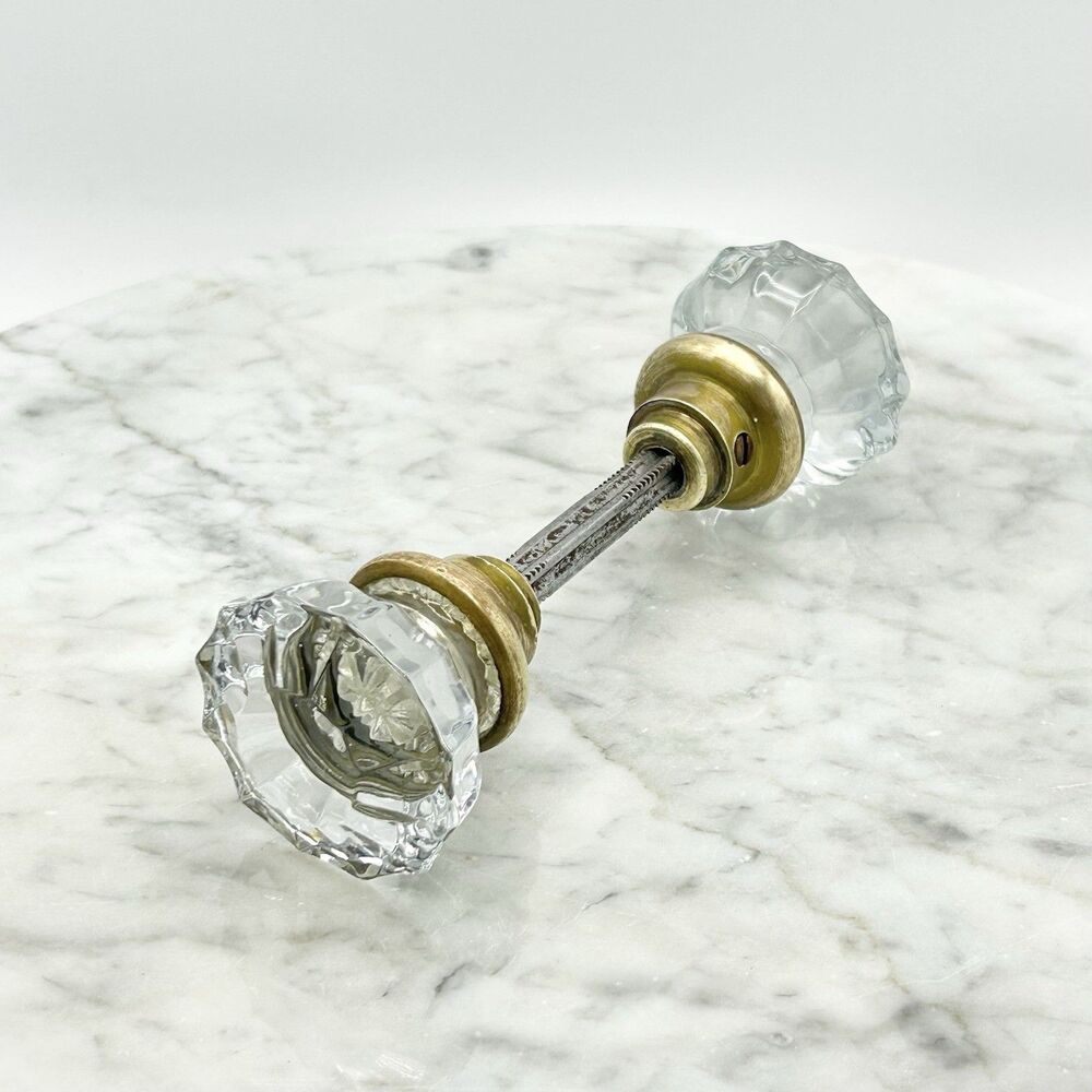 VINTAGE 12 Point Glass Brass Door Knob Set with Spindle 2 1/8 in Diameter